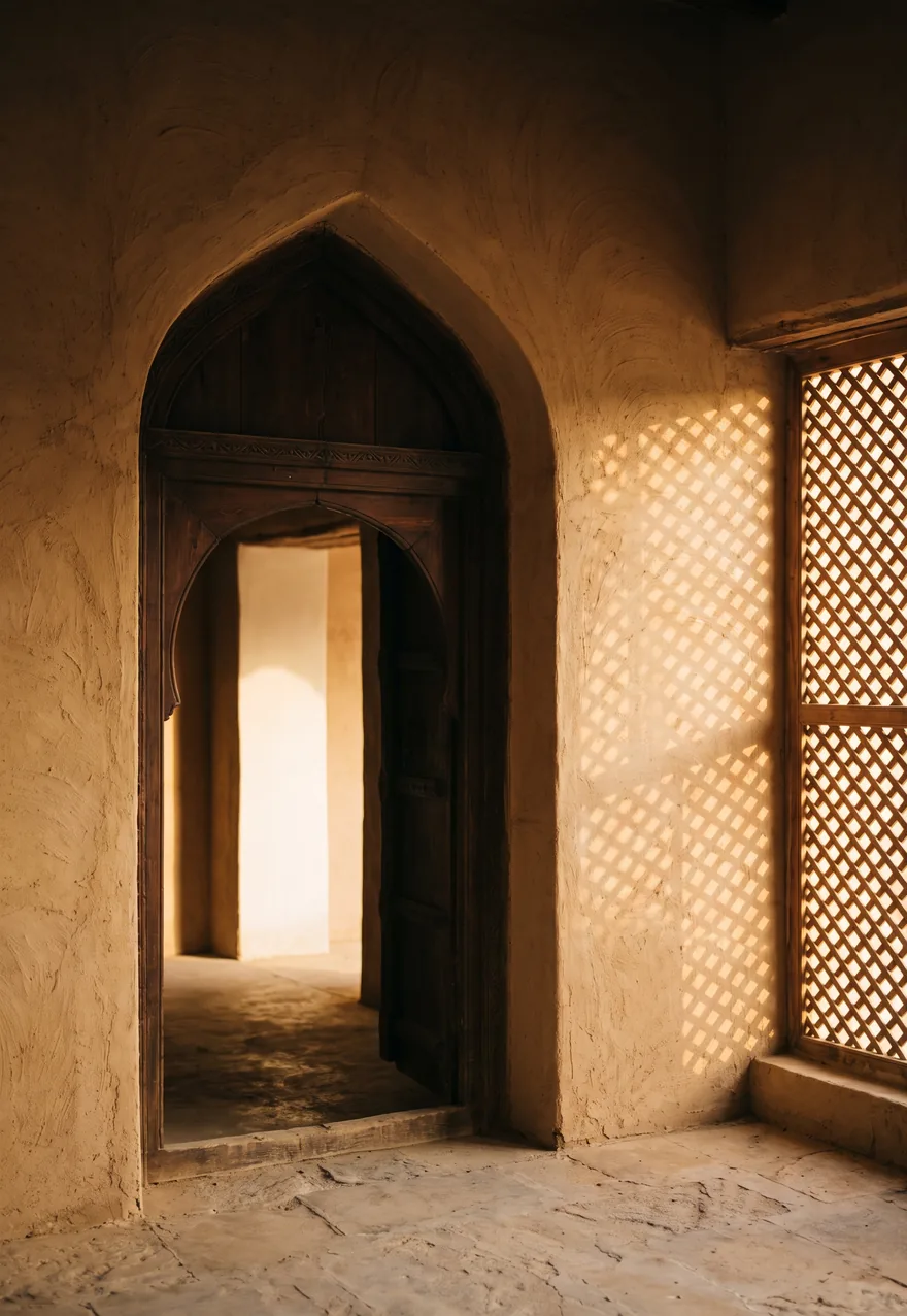 A Najdi corridor and a latticed window letting the light through, from the houses of Riyadh